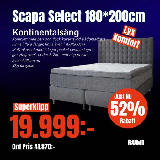 SELECT by Scapa Kontinentalsäng 180*200cm, Lyxsäng komplett med Ben och  Bäddmadrass