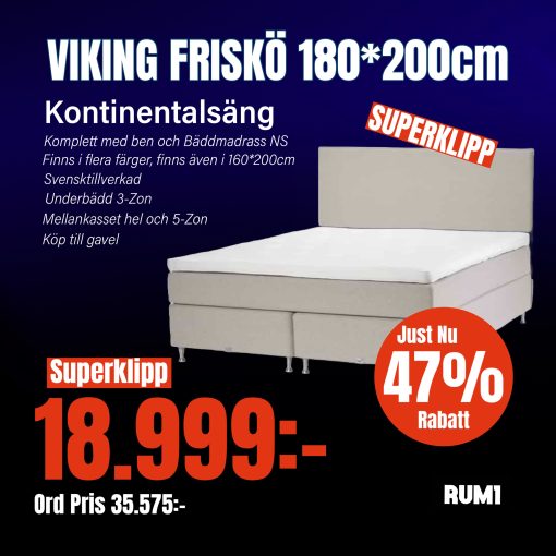 Viking Friskö Kontinentalsäng 180*200cm  Inkl. Ben och Bäddmadrass Från Viking beds