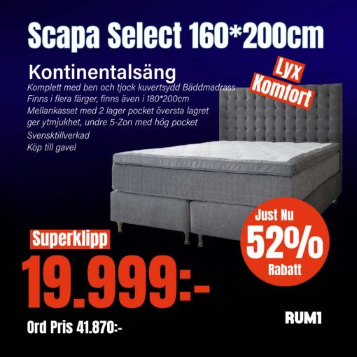 SELECT by Scapa Kontinentalsäng 160*200cm, Lyxsäng komplett med Ben och Bäddmadrass