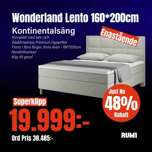 Lento Kontinentalsäng 160*200cm Inklusive Bäddmadrass och Ben Från Wonderland Beds